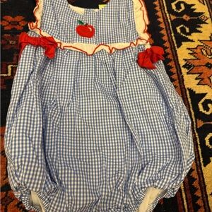 B67 Classic Whimsy 3t Blue Gingham Apple Appliqué Baby One-Piece Bodysuit